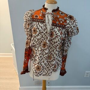 House of Harlow 1960 Orange and Cream Boho Tie-Neck Blouse